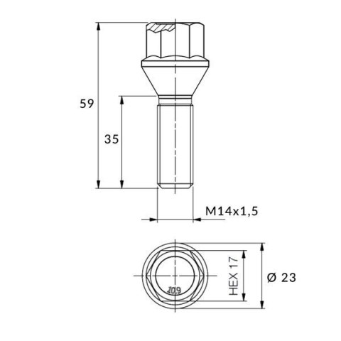 Czarna śruba do felg M14x1.5 35 mm - klucz 17. Stożek Czarna śruba do felg M14x1.5 35 mm - klucz 17. Stożek