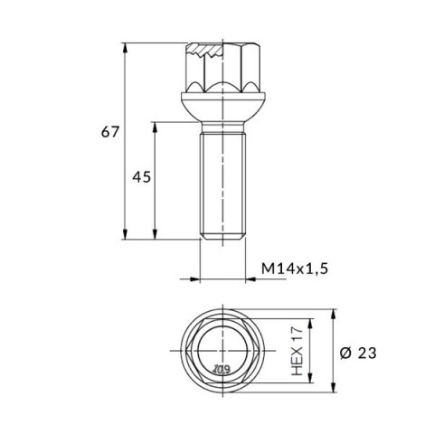 Czarna śruba do felg M14x1.5 45 mm - klucz 17. Kula Czarna śruba do felg M14x1.5 45 mm - klucz 17. Kula