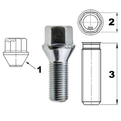 Śruba do felg / kół M14x1.25 stożek / K17 - 33 mm Śruba do felg / kół M14x1.25 stożek / K17 - 33 mm